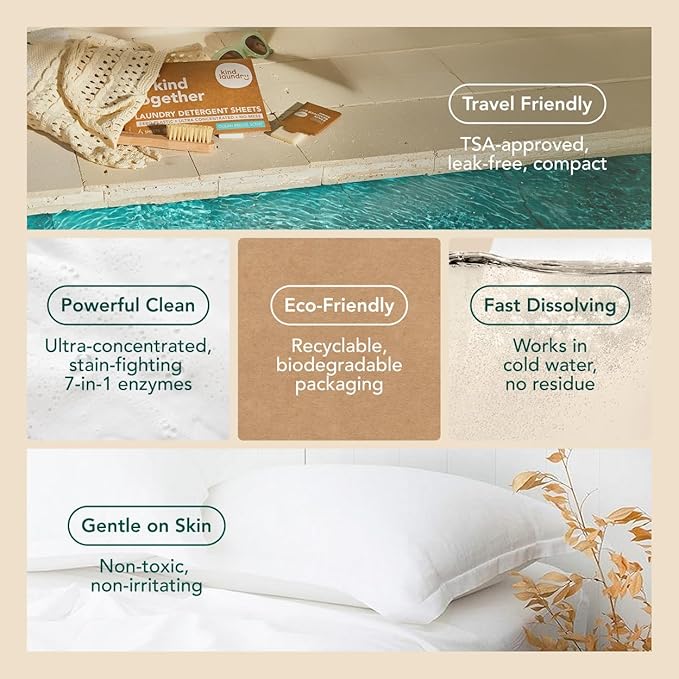 Kind Laundry Detergent Sheets Stain-Fighting Enzymes - Plant Powered Eco-Friendly Laundry Soap Sheets - Home or Travel Laundry Detergent - Ocean Breeze, 60 Loads (Mom's Choice Award Winner)