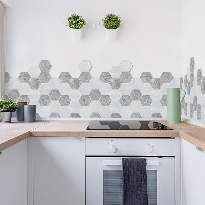 Thickened Hexagon Peel and Stick Tile Backsplash, New Upgrade Mixed Grey Waterproof Stick on Backsplash, Self-Adhesive Marble Tiles for Kitchen,Bathroom and Bedroom，10-Sheet.
