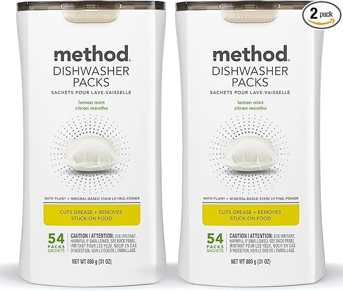 Method Dishwasher Detergent Packs, Lemon Mint, Dishwashing Rinse Aid to Lift Tough Grease and Stains, 54 Dishwasher Tabs per Package, (Pack of 2)