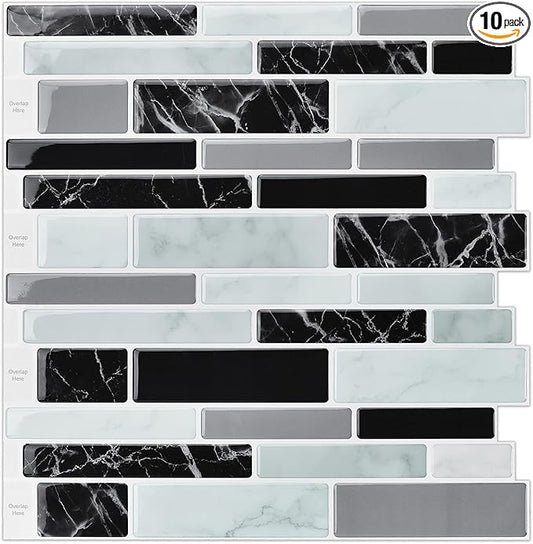 LONGKING 10-Sheet Peel and Stick Tile Backsplash, Vinyl 3D Self-Adhesive Tile Stickers for Kitchen, Bathroom, Counter Top, Marble 79