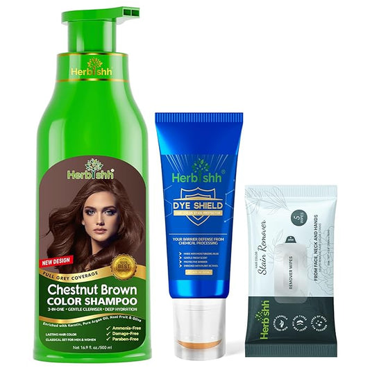 Herbishh Hair Color Shampoo for Gray Hair Chestnut Brown 500 ML - Dye Shield or Defender - Hair Color Stain Remover Wipes - Travel Pack With 5 Wipes