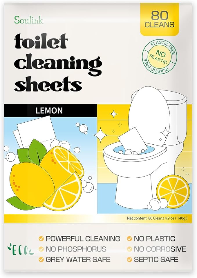 Soulink Toilet Cleaning Sheets - Plastic-Free, Liquidless, Toilet Bowl Cleaner Strips, 80 Cleans, Lemon Scent