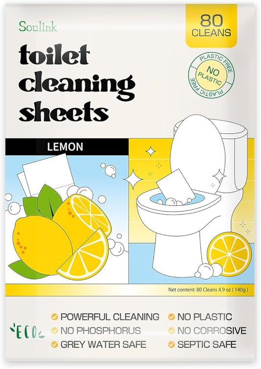 Soulink Toilet Cleaning Sheets - Plastic-Free, Liquidless, Toilet Bowl Cleaner Strips, 80 Cleans, Lemon Scent