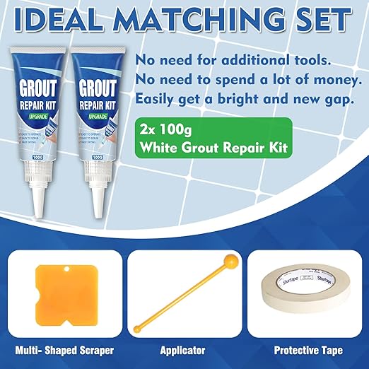 Tile Grout Repair Kit, 2 Pack Fast Drying Grout Filler for Bathroom, Kitchen, Shower, Versatile Triple Use with Grout Sealer, Replace Grout Pen for Restore and Renew Tile Joints Line(White)