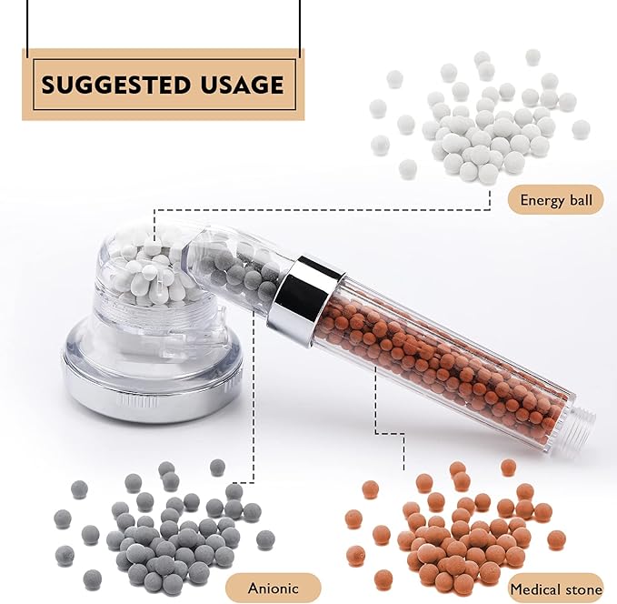 Patelai Replacement Anion Mineral Shower Head Bead Refills Purifying Water Mineral Bead Filtration Stone Ball for Filtered Shower Head, Diameter 7-8 mm(210.0 Grams,Orange, Gray, White)