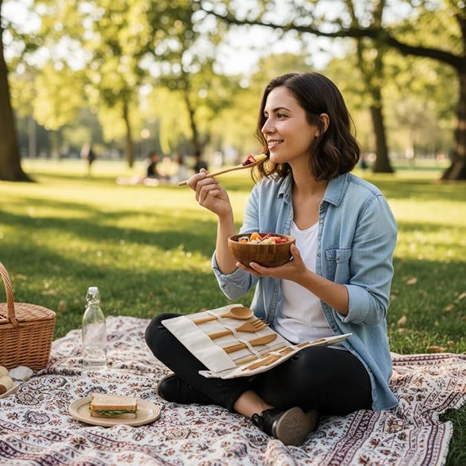 Bamboo Utensil Set with Case – Reusable Travel Cutlery & Portable Flatware Kit with Wooden Fork, Spoon, Knife, Chopsticks, Straw – Zero Waste Lunch Box Essentials for Work, Camping, Picnic