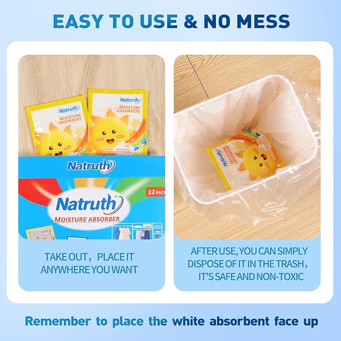 NATRUTH 12-PACK Moisture Absorber Bags with Lavender, Drawer Dehumidifier Home Desiccant Small Bag Use for medicine boxes, underwear boxes, Eliminates Odors, Closet Dehumidifier Bags for Small spaces