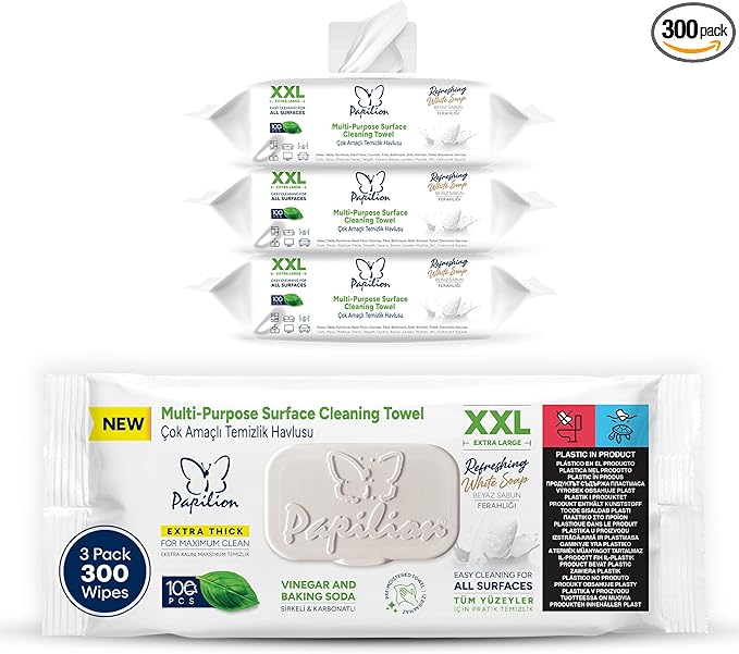 PAPILION Multi-Surface Cleaning Wipes, White Soap Scent, Removes Dirt & Stains, Paraben & SLS-Free, Surface-Safe Formula for Everyday Home, Kitchen & Office Cleaning, Flip-Top Pack, 300 Count