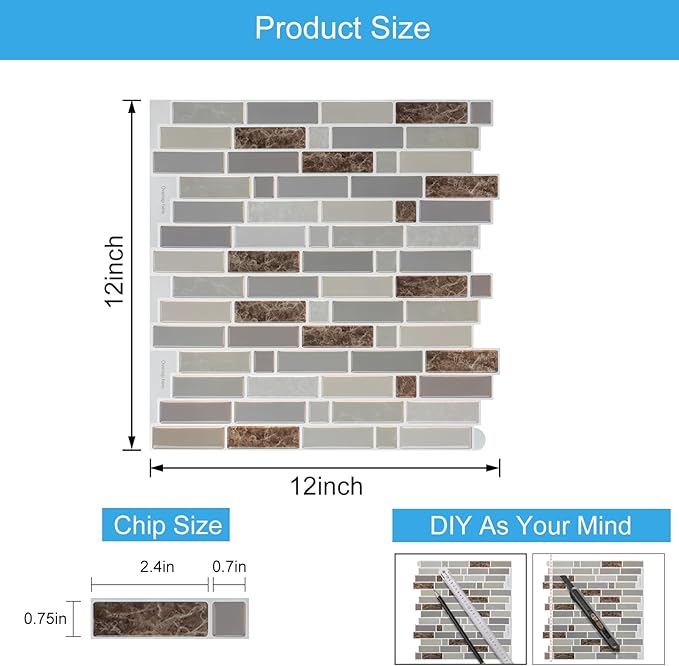 Peel and Stick Backsplash Tiles for Kitchen,Large Design Premium 3D Self-Adhesive Stick on Backsplash for Kitchen,Living Room,Bedroom,etc,10-Sheet of 12"×12" Brown Marble Peel and Stick Decor