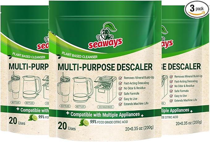 Multi-Purpose Descaler and Cleaner Powder (60-Uses) for Ice Maker Machine, Kettle, Tumbler, Bottles, Coffee Machine, Faucets, Shower Head, Limescale and Build-Up Remover, 20*0.35 oz (3 Packs)