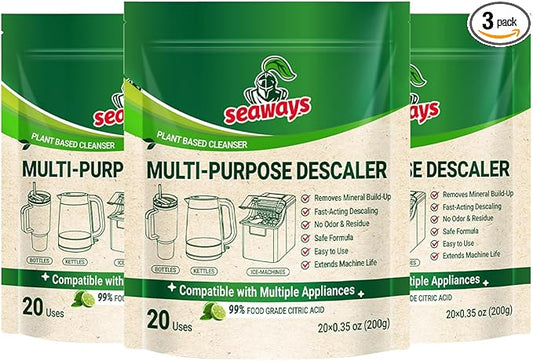 Multi-Purpose Descaler and Cleaner Powder (60-Uses) for Ice Maker Machine, Kettle, Tumbler, Bottles, Coffee Machine, Faucets, Shower Head, Limescale and Build-Up Remover, 20*0.35 oz (3 Packs)