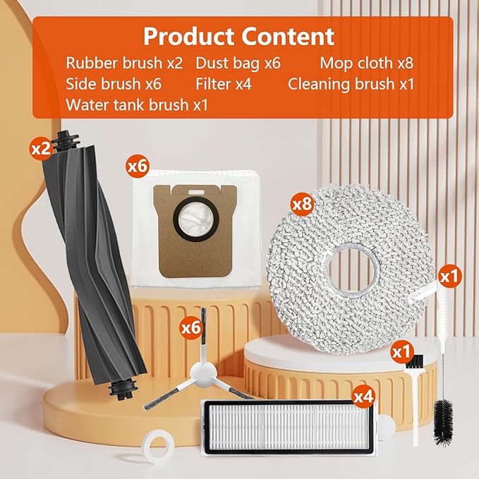 Replacement Parts for Dreame L10s Ultra/L10 Ultra/ L10s pro/ L10s Pro Gen 2/ L10 prime(Not for L10s Pro Ultra Heat); Xiaomi X10+/ X20+ Accessories : 2 Main Brushes, 6 Side Brush, 8 Mop Pad-Yivy 28Pcs
