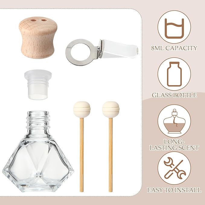 Zubebe 30 Pack 8 ml Diamond Essential Oil Diffuser Bottle Bulk Car Air Freshener Vent Clip Auto Perfume Vent Diffuser for Aromatherapy Fragrance Ornament Decor, Glass Bottle with Wooden Caps Stick