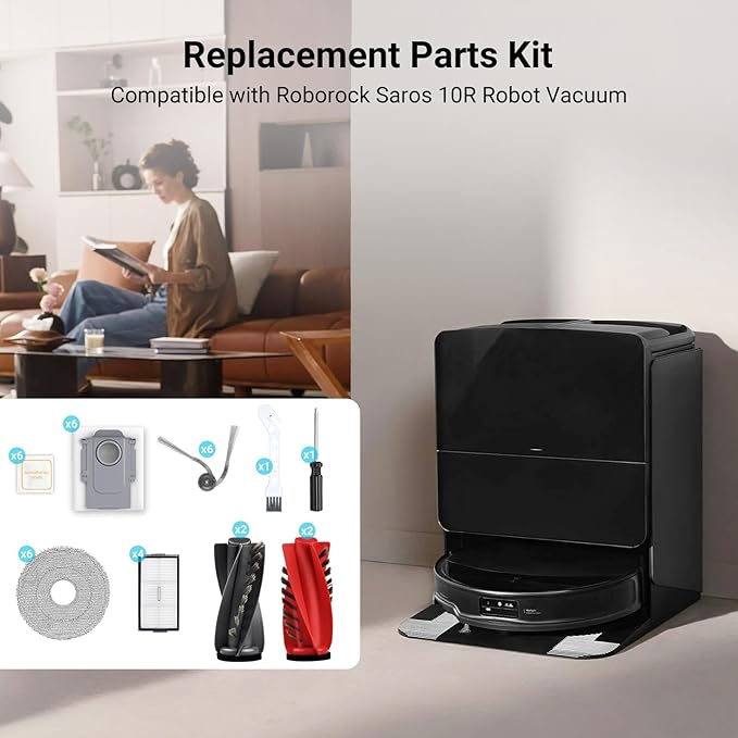 Replacement Kit for Roborock Saros 10R/Saros 20 Robot Vacuum, 4 Main Brushes, 4 Filters, 6 Mop Pads, 6 Dust Bags & Scented Tablets, 6 Side Brushes, 1 Cleaning Brush, 1 Screwdriver