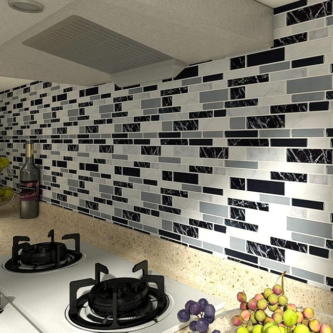 LONGKING 10-Sheet Peel and Stick Tile Backsplash, Vinyl 3D Self-Adhesive Tile Stickers for Kitchen, Bathroom, Counter Top, Marble 79