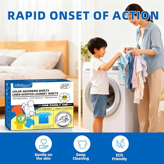 2-in-1 Laundry Detergent Sheets & Color Catcher Sheets - 290 Loads, Fast Dissolve Hypoallergenic Stain Remover, No Color Bleeding Fresh Linen Scent for Home Dorms Travel