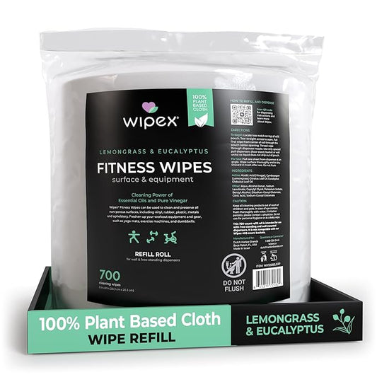 Wipex Gym Wipes Dispenser Refill - EWG Verified - 700 Count 8"x8" Plant-Based Fitness Equipment Wipes with Cleaning Vinegar, Lemongrass & Eucalyptus Essential Oil