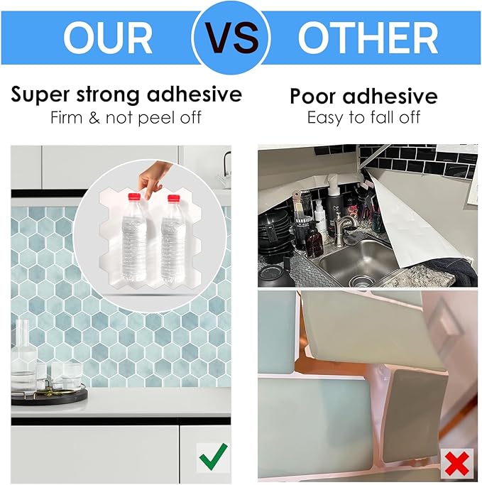 10-Sheet Hexagon Peel and Stick Backsplash for Kitchen, New Upgrade Premium Extra Thicker Design 3D Self Adhesive Wall Tiles, Large Stick on Tiles for Kitchen and Bathroom (12" x 12")