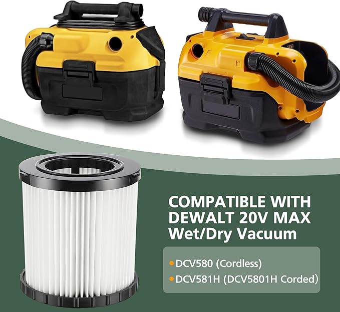 DCV581H DCV580H Vacuum Filter for DEWALT 20V MAX Shop Vac Cleaner Cordless and Corded Portable 2 Gallon Wet Dry Vacuum, Washable and Reusable Hepa Replacement Filter, 2 Pack