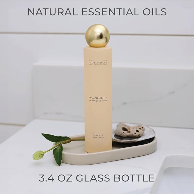 Champagne & Peony Room Spray | Benevolence LA Malibu Nights | 3.4oz | Home, Pillow & Linen Fragrance Spray | Low VOC, No Alcohol | Malibu Sands Collection
