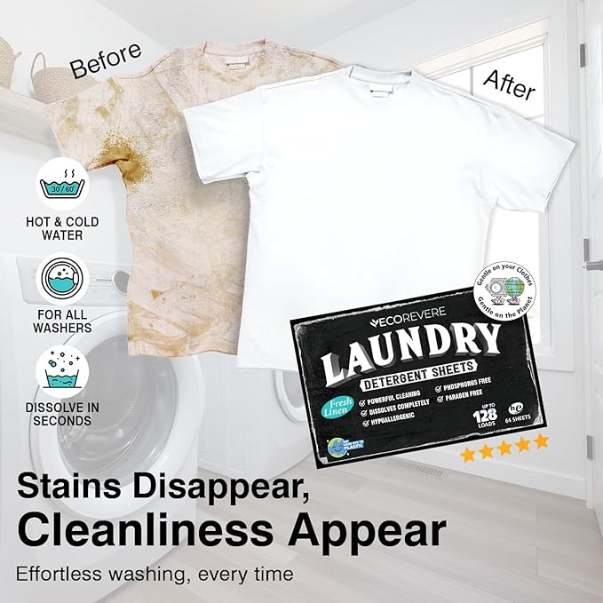 Laundry Detergent Sheets - Eco Friendly Hypoallergenic for sensitive skin, Natural Plant Based Washer Sheets, Travel Laundry Detergent, Harsh Chemical Free Laundry Soap (64 cnt/ 128 Small Loads)