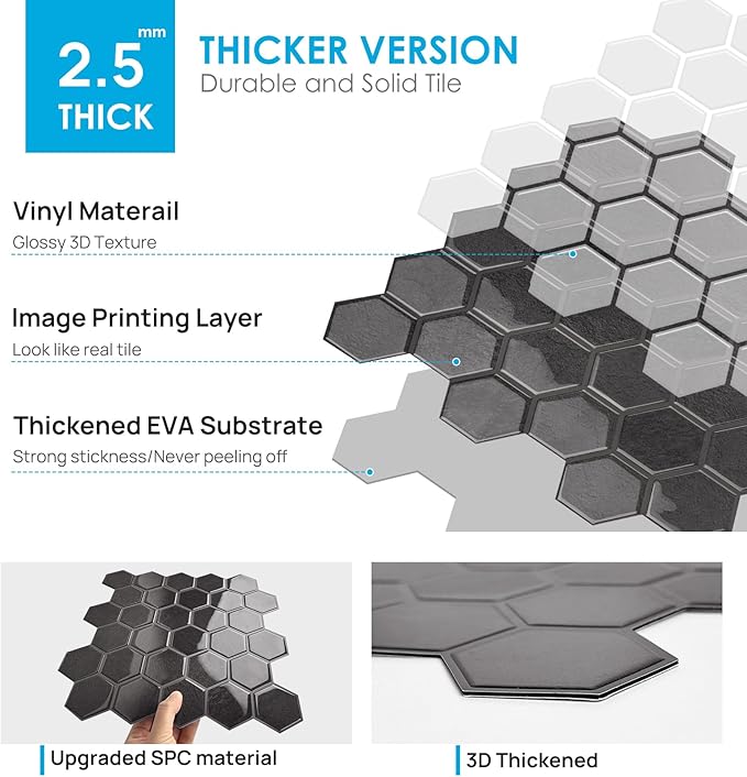 10-Sheet Hexagon Peel and Stick Backsplash for Kitchen, New Upgrade Premium Extra Thicker Design 3D Self Adhesive Wall Tiles, Large Stick on Tiles for Kitchen and Bathroom (12" x 12")