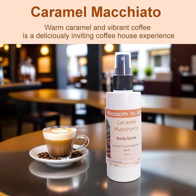 Blossom to Bath Caramel Macchiato Body Spray (4 Ounce) - Phthalate Free Fragrance - Energizes Skin with a Vanilla And Warm, Rich Caramel Scent