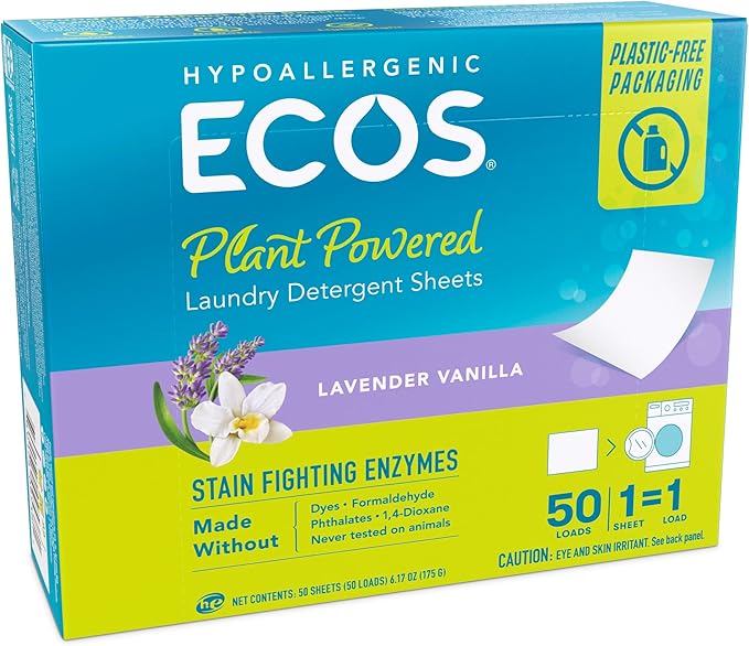 ECOS Laundry Detergent Sheets Vegan, No Plastic Jug, No Mess & Liquid Free - Laundry Sheets in Washer - Hypoallergenic, Plant Powered Laundry Detergent Sheets - Lavender - 50 Sheets (Pack of 1)