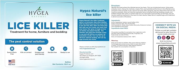 Hygea Natural Lice Spray for Home & Furniture - Natural Treatment for Head Lice - Family & Pet Friendly - Quick Action Against Infestations - Stain & Scent Free Gallon Spray