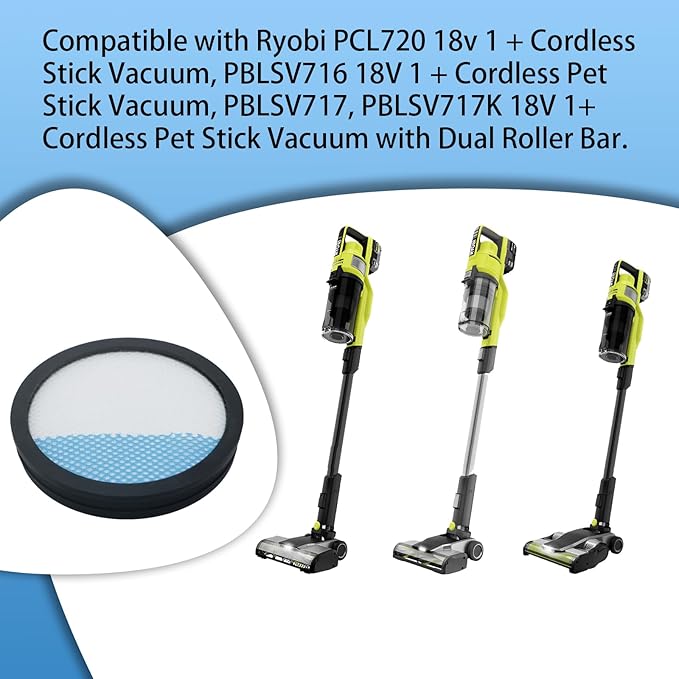 HEPA Filter Replacement for Ryobi 18V 1 + Cordless Stick Vacuum PBLSV716K, PBLSV716B, PBLSV717K, PBLSV717B, PCL720K, PCL720, Compare to Part A32SV720N (2 Pack)