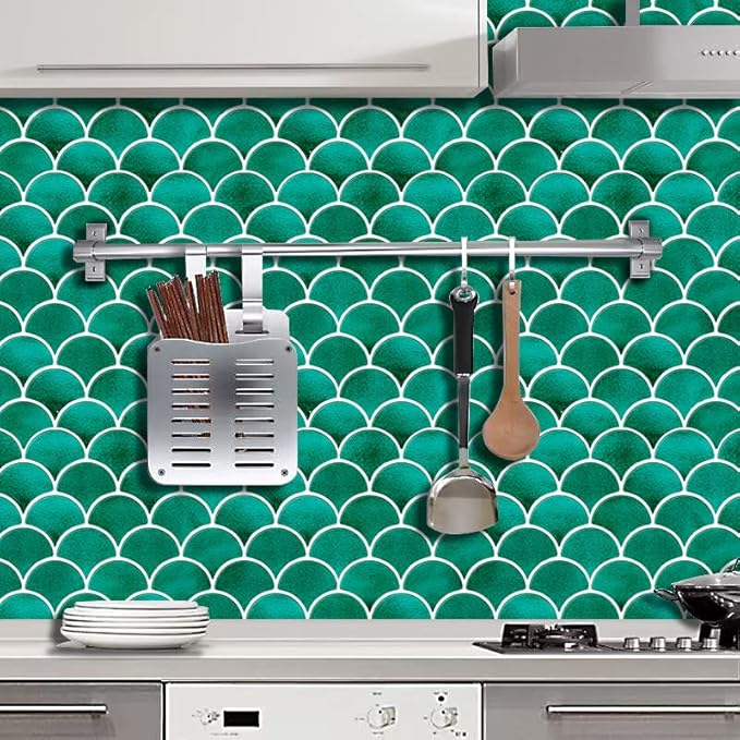 Peel and Stick Fish Scale Tile for Kitchen and Bathroom Backsplash, Green, 10 Sheets of 12x12 inches, Modern, Textured, Waterproof