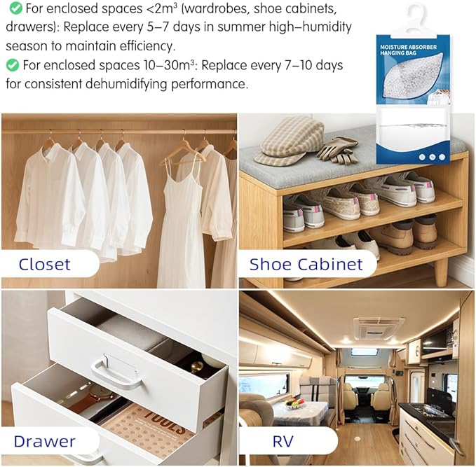 Hanging High-Purity Moisture Absorber, 10 Pack with Activated Carbon, eliminates Musty Odors During humid Summers, Ideal for Drawers and wardrobes,15% Greater Moisture Absorption. (169 oz)