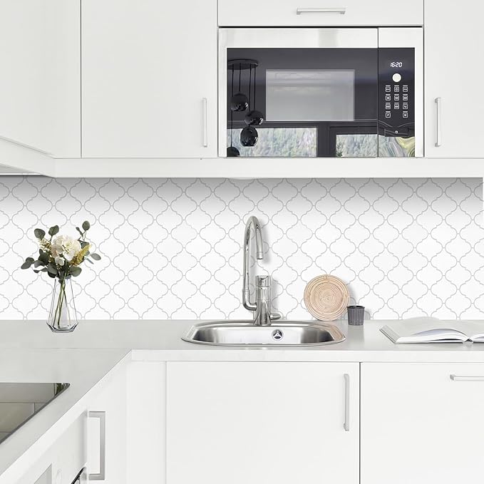 Arabesque Peel and Stick Backsplash for Kitchen, Thicker Design 3D Self Adhesive Wall Tile, 12"x12" Peel and Stick Wall Tiles, 10-Sheet Stick on Tiles for Kitchen and Bathroom (White)