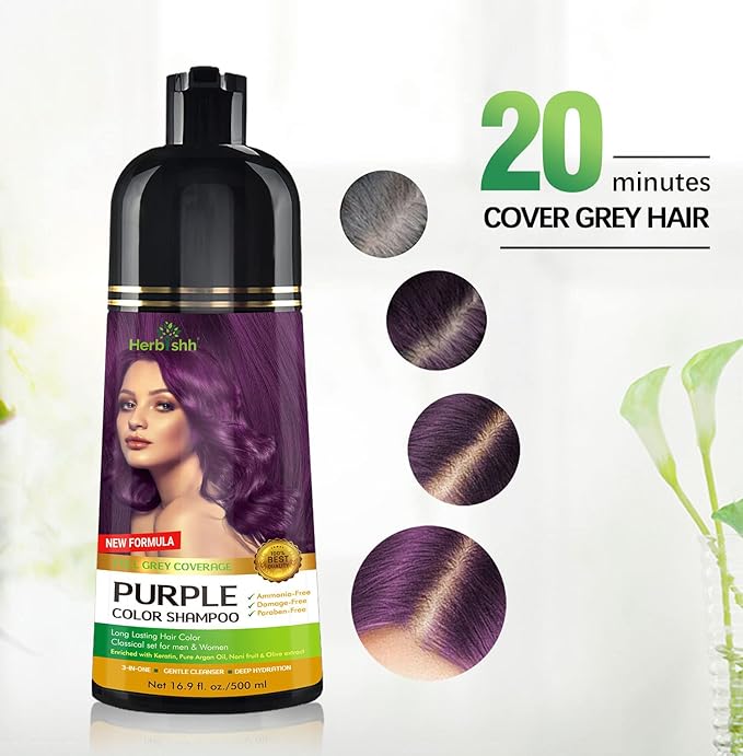 Herbishh Hair Color Shampoo for Gray Hair Purple 500 ML + Hair Color Stain Remover Wipes - Travel Pack With 5 Wipes