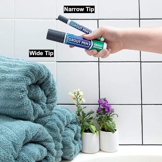 Grout Pen Tile Paint Marker: Grey Wide 15mm with 5 Pack Replacement Tips - Waterproof Grout Colorant and Sealer Pen to Renew, Repair, and Refresh Tile Grout - Cleaner Coating Stain Pens