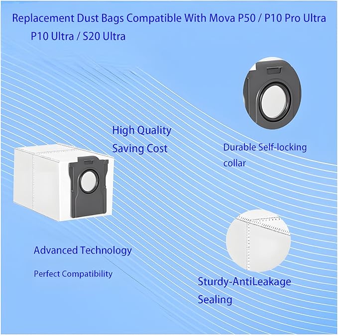 Dust Bags and Mop Pads Replacement For Mova P50 Ultra / P10 Pro Ultra / P10 Ultra Self-Empty Station Vacuum Cleaner, Spare Parts Accessories