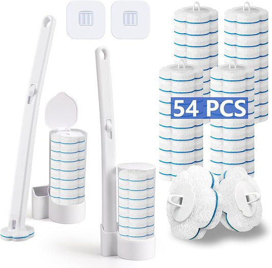 Disposable Toilet Brush竊?2 Pack Toilet Wand and Holder with 54 Cleaner Refills Disposable Toilet Cleaning System Cleaner Pads for Toilet Bowl竊똁athroom Cleaning竊똕ink竊똁athtub - White