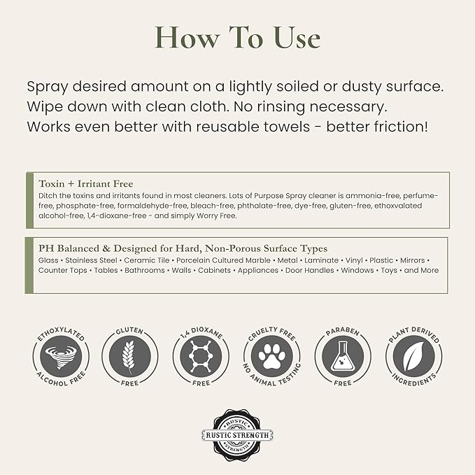 Rustic Strength Lots of Purpose Spray Cleaner, Unscented, Multi-Surface, pH Balanced, Non-Toxic, Biodegradable, 1 Gallon, Plastic