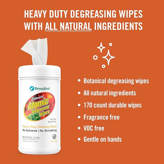 Benefect Atomic Fire & Soot Degreaser - Heavy Duty Botanical Cleaner for Fire Damage, Smoke & Grease Residue – Safe for Kids, Pets & Chemically Sensitive (170 Count Wipes)