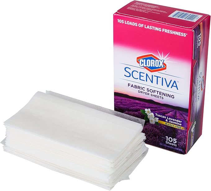 Clorox Scentiva Fabric Softener Dryer Sheets, Tuscan Lavender & Jasmine Scent - Wrinkle Reducing Scented Softening Laundry Dryer Sheets for Great Smelling Clothes, 105 Count