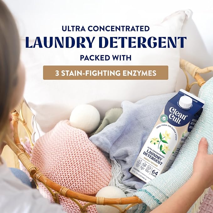 Cleancult Ultra Concentrated Liquid Laundry Detergent, 192 loads (96 oz), Long Lasting Scent, 90% Less Plastic, No Harsh Chemicals, Neroli Vetiver, Defeats Stains & Odors, HE/Standard Compatible