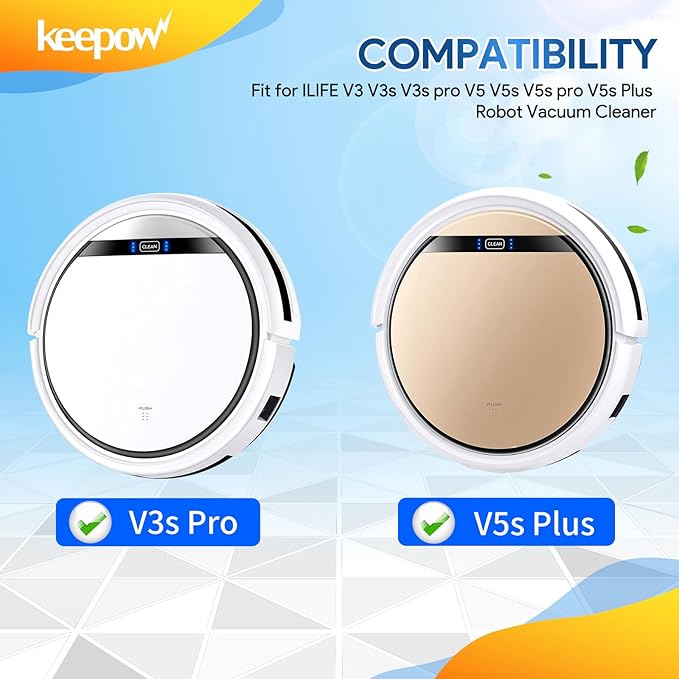 KEEPOW Robot Vacuum Replacement Parts for ILIFE V3 V3s V5 V5s V5s pro Robot Vacuum Cleaner, 1 Primary Filter+8 Pro Robot Vacuum Cleaner Filters+8 Side Brushes, 17 Pack