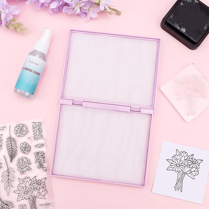 Briartw Stamp Cleaning Kit:Purple Stamp Scrubber & All-Purpose Stamp Cleaner Spray | Dual-Sided Cleaning Pad for Rubber, Clear, Cling & Foam Stamps | Complete Care for Water-Based & Permanent Inks