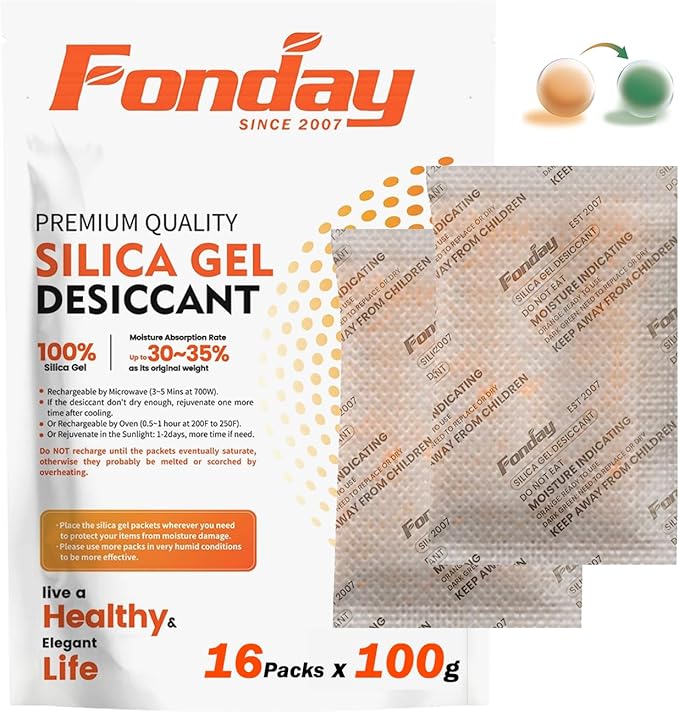 16Packs x 100Gram Fonday Rechargeable Silica Gel Desiccant Packets Fast Reactivate Desiccant Bags Moisture Indicating Orange to Green for Food Storage, Electronics, 3D Filament & Safes