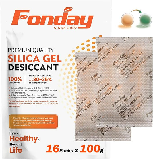 16Packs x 100Gram Fonday Rechargeable Silica Gel Desiccant Packets Fast Reactivate Desiccant Bags Moisture Indicating Orange to Green for Food Storage, Electronics, 3D Filament & Safes