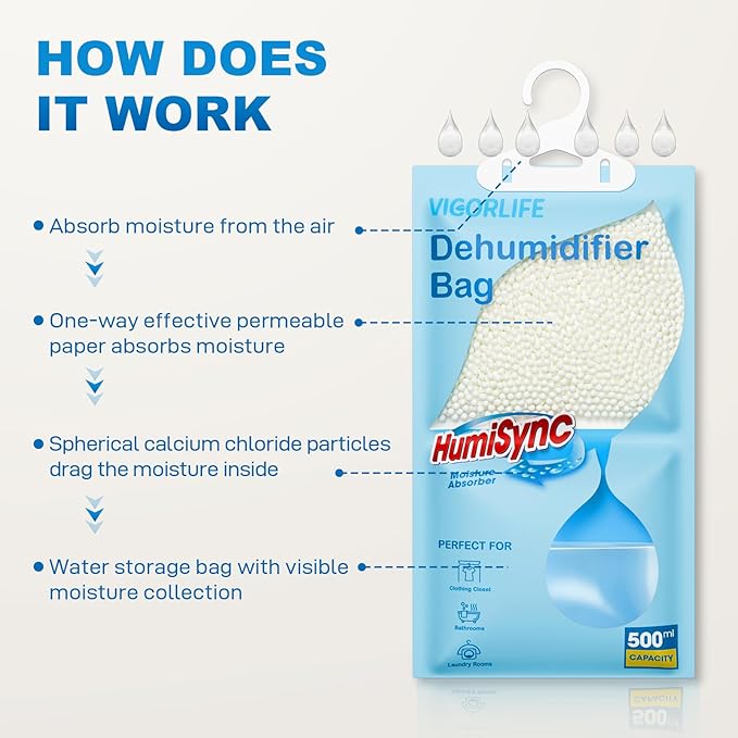 Moisture Absorbers, Hanging Closet Dehumidifier Bags 9.8 OZ, Portable Dehumidifiers for Wardrobes, Bathrooms & Bedrooms, Humidity Packs Attract Excess Moisture, Desiccant 5 Pack (Blue)