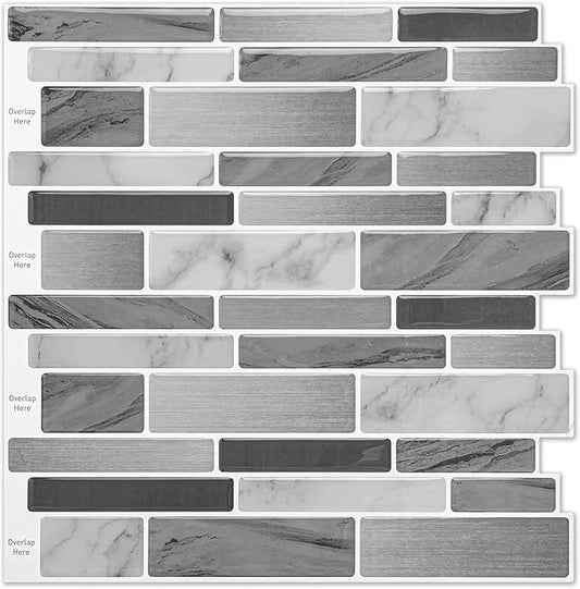 LONGKING Peel and Stick Backsplash Tile for Kitchen, Stick on Tile on Wall, Bathroom (Grey Marbling)