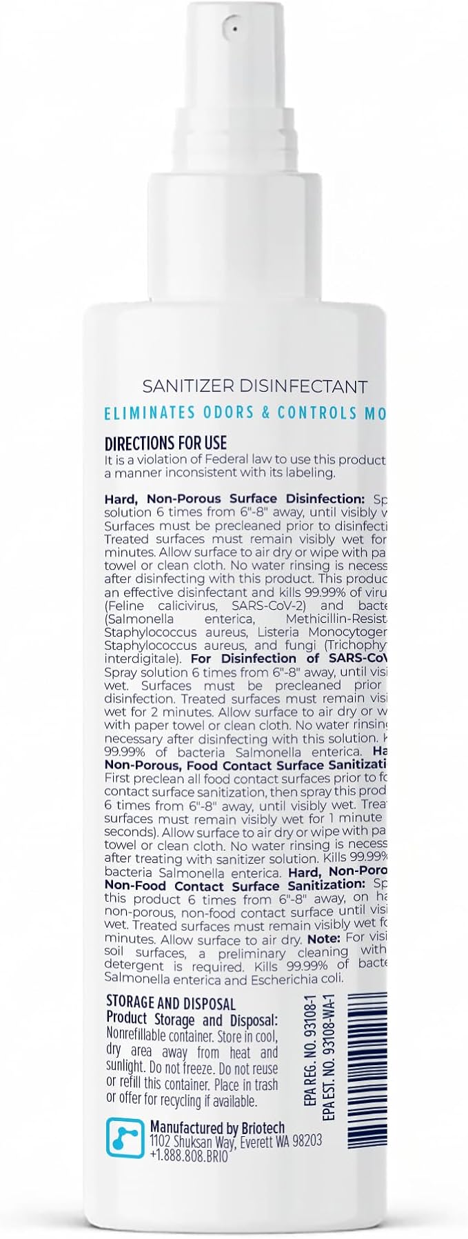 BRIOTECH Sanitizer Disinfectant Hypochlorous Spray, Kill 99.99% of Viruses & Bacteria, Control Mold, Eliminate Odor, Gentle for Nursery & Play Rooms, Food Contact Surface Sanitizer, 8.5 fl oz (2 Pack)