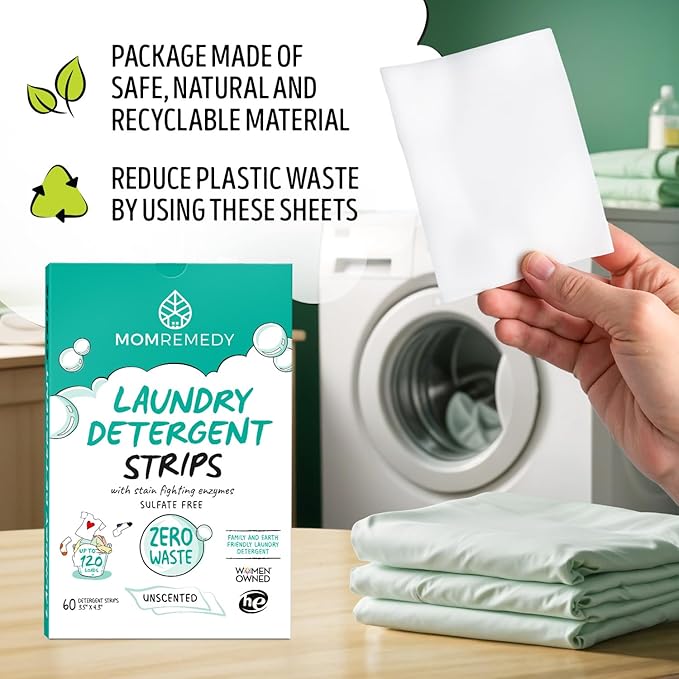MomRemedy Laundry Detergent Sheets with Powerful Stain Fighting Enzymes - Made in EU, Sulfate Free, Zero Waste Laundry Sheets Detergent in Recyclable Packaging - Travel Friendly 60 Count (Unscented)