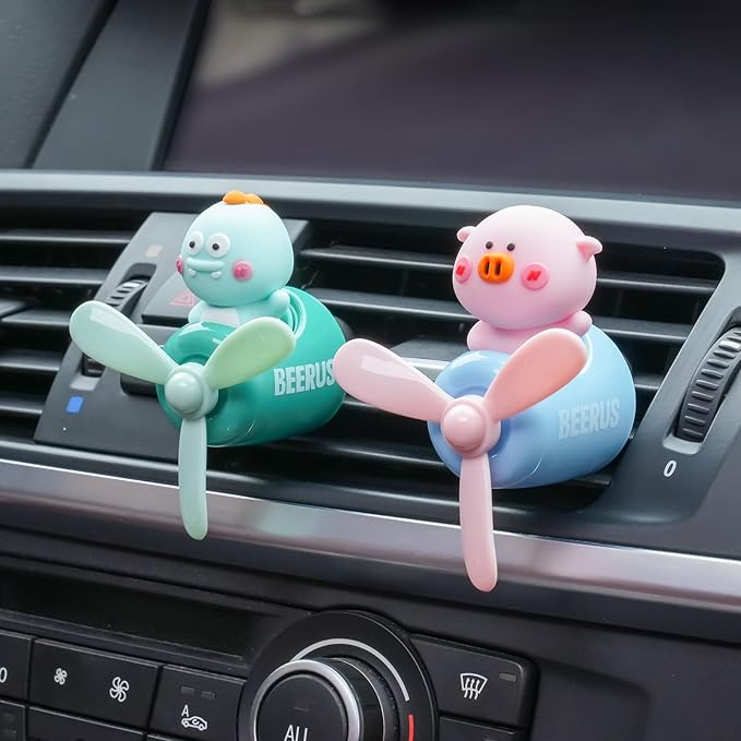 2 Pcs Pilot Car Air Fresheners, Cute Dog Car Vent Clip Air Freshener with 8 Fragrant Tablets Automotive Air Outlet Fan Diffuser, Automotive Interiors Vent Decoration (Dog+Dino)